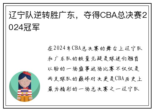 辽宁队逆转胜广东，夺得CBA总决赛2024冠军